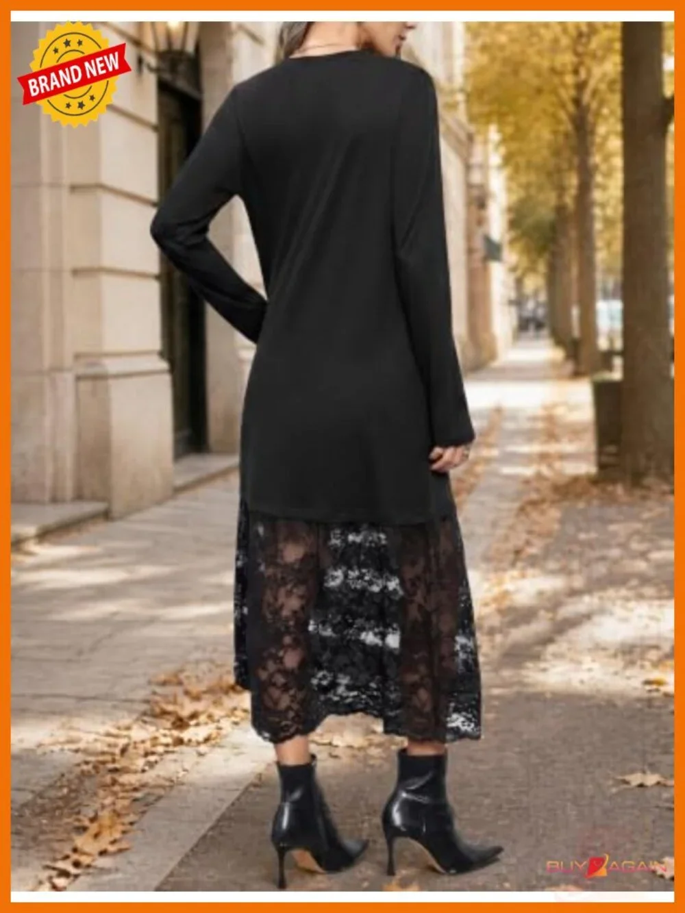 Midi Dress Long Sleeve Lace Patchwork Fall Wedding Guest